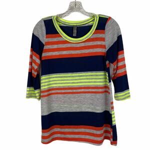 OPHELIA for FC S Multicolor Striped Top Navy Blue Gray Neon Green